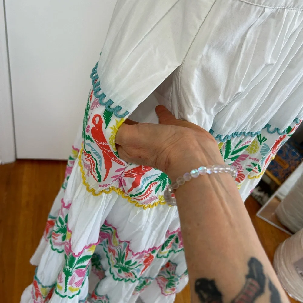 BODEN SERENA COTTON TIE FULL CIRCLE MAXI DRESS MULTI TROPICAL LOVE BIRDS PARROTS - Picture 11 of 13